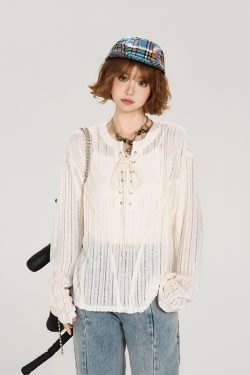 American Retro Lace-Up Hollow Sun Protection Shirt for Women - Summer Casual Loose Slimming Top