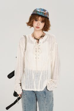 American Retro Lace-Up Hollow Sun Protection Shirt for Women - Summer Casual Loose Slimming Top