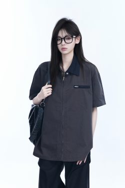 American Retro Lapel Zip Short Sleeve Shirt for Women - Gender-Neutral Loose Fit with Unique Niche Design, Casual Vintage Style