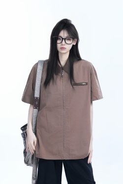 American Retro Lapel Zip Short Sleeve Shirt for Women - Gender-Neutral Loose Fit with Unique Niche Design, Casual Vintage Style
