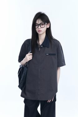 American Retro Lapel Zip Short Sleeve Shirt for Women - Gender-Neutral Loose Fit with Unique Niche Design, Casual Vintage Style