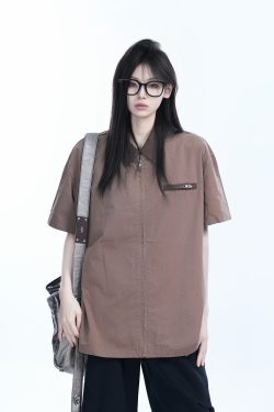 American Retro Lapel Zip Short Sleeve Shirt for Women - Gender-Neutral Loose Fit with Unique Niche Design, Casual Vintage Style