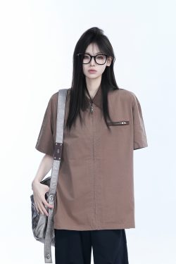 American Retro Lapel Zip Short Sleeve Shirt for Women - Gender-Neutral Loose Fit with Unique Niche Design, Casual Vintage Style