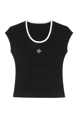 American Retro Letter Embroidery Color-Blocking U-Neck Short Sleeve T-Shirt for Women - Summer Slim Fit 90s Style Top