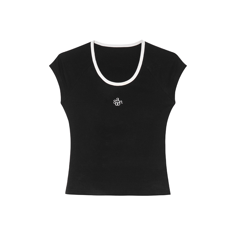 American Retro Letter Embroidery Color-Blocking U-Neck Short Sleeve T-Shirt for Women - Summer Slim Fit 90s Style Top American Retro Letter Embroidery Color-Blocking U-Neck Short Sleeve T-Shirt for Women - Summer Slim Fit 90s Style Top