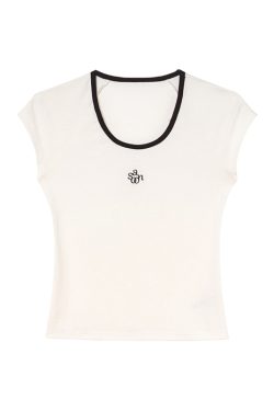 American Retro Letter Embroidery Color-Blocking U-Neck Short Sleeve T-Shirt for Women - Summer Slim Fit 90s Style Top