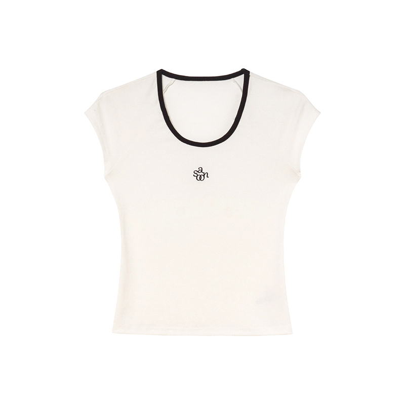 American Retro Letter Embroidery Color-Blocking U-Neck Short Sleeve T-Shirt for Women - Summer Slim Fit 90s Style Top American Retro Letter Embroidery Color-Blocking U-Neck Short Sleeve T-Shirt for Women - Summer Slim Fit 90s Style Top