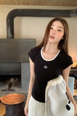 American Retro Letter Embroidery Color-Blocking U-Neck Short Sleeve T-Shirt for Women - Summer Slim Fit 90s Style Top