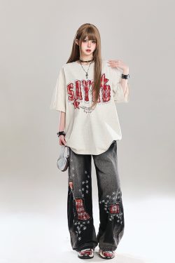 American Retro Letter Embroidery Short Sleeve T-Shirt for Women - Stylish Loose Fit College Casual Top for Summer 2025