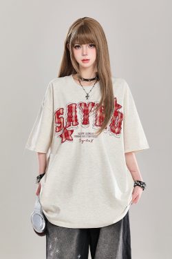 American Retro Letter Embroidery Short Sleeve T-Shirt for Women - Stylish Loose Fit College Casual Top for Summer 2025