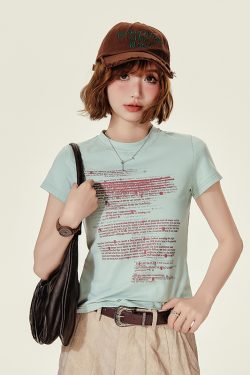 American Retro Letter Print Short Sleeve T-Shirt for Women – Slim Fit Summer Top in Girly Style