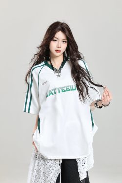 American Retro Letter Short Sleeve T-Shirt for Girls - Summer Jersey Sporty Casual Loose Fit, Niche Half-Sleeve Style