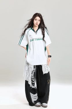 American Retro Letter Short Sleeve T-Shirt for Girls - Summer Jersey Sporty Casual Loose Fit, Niche Half-Sleeve Style