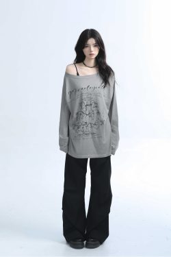 American Retro Off-Shoulder Long Sleeve T-Shirt for Women - Summer Thin Loose Cover-Up with Sun Protection, Casual Fit