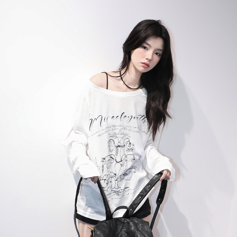 American Retro Off-Shoulder Long Sleeve T-Shirt for Women - Summer Thin Loose Cover-Up with Sun Protection, Casual Fit American Retro Off-Shoulder Long Sleeve T-Shirt for Women - Summer Thin Loose Cover-Up with Sun Protection, Casual Fit