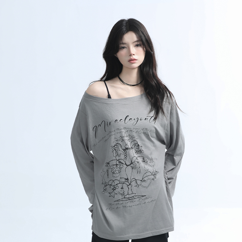 American Retro Off-Shoulder Long Sleeve T-Shirt for Women - Summer Thin Loose Cover-Up with Sun Protection, Casual Fit American Retro Off-Shoulder Long Sleeve T-Shirt for Women - Summer Thin Loose Cover-Up with Sun Protection, Casual Fit