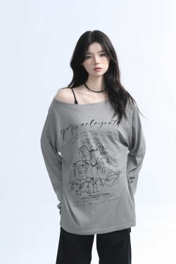 American Retro Off-Shoulder Long Sleeve T-Shirt for Women - Summer Thin Loose Cover-Up with Sun Protection, Casual Fit