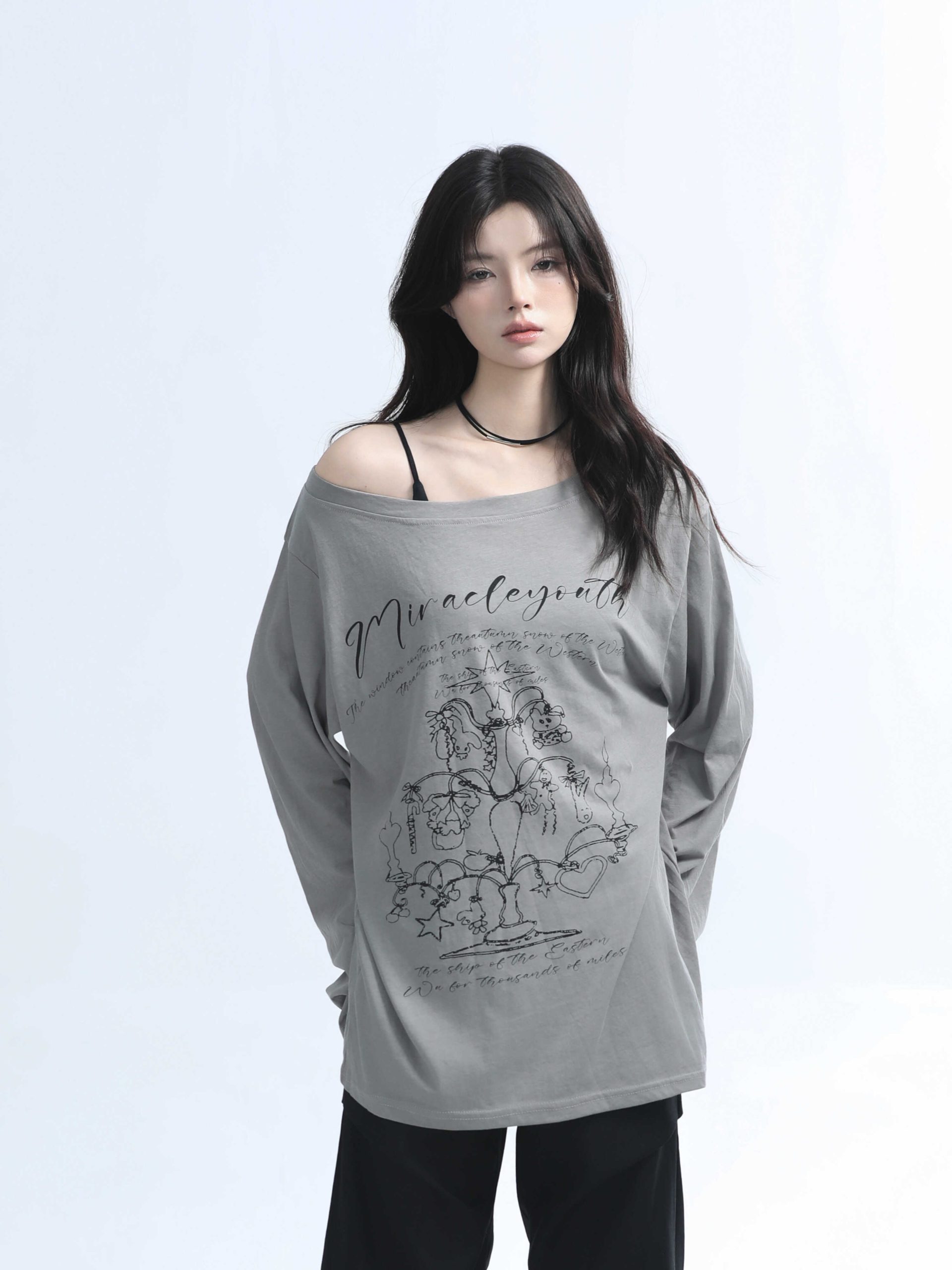 American Retro Off-Shoulder Long Sleeve T-Shirt for Women - Summer Thin Loose Cover-Up with Sun Protection, Casual Fit American Retro Off-Shoulder Long Sleeve T-Shirt for Women - Summer Thin Loose Cover-Up with Sun Protection, Casual Fit