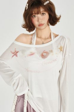 American Retro Off-Shoulder Sheer Long Sleeve Cover-Up Women's Versatile Fruit Print Top for 90s Y2K Style