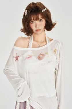 American Retro Off-Shoulder Sheer Long Sleeve Cover-Up Women's Versatile Fruit Print Top for 90s Y2K Style