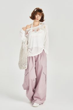 American Retro Off-Shoulder Sheer Long Sleeve Cover-Up Women's Versatile Fruit Print Top for 90s Y2K Style