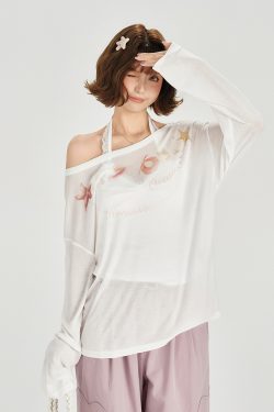 American Retro Off-Shoulder Sheer Long Sleeve Cover-Up Women's Versatile Fruit Print Top for 90s Y2K Style