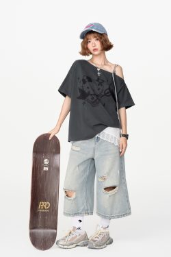 American Retro Off-Shoulder Short Sleeve T-Shirt for Women, Summer Tie Design, Loose Slimming Top, Girly Y2K Fashion Style