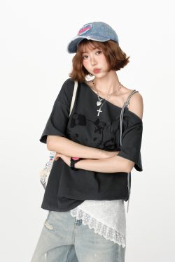 American Retro Off-Shoulder Short Sleeve T-Shirt for Women, Summer Tie Design, Loose Slimming Top, Girly Y2K Fashion Style