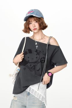 American Retro Off-Shoulder Short Sleeve T-Shirt for Women, Summer Tie Design, Loose Slimming Top, Girly Y2K Fashion Style