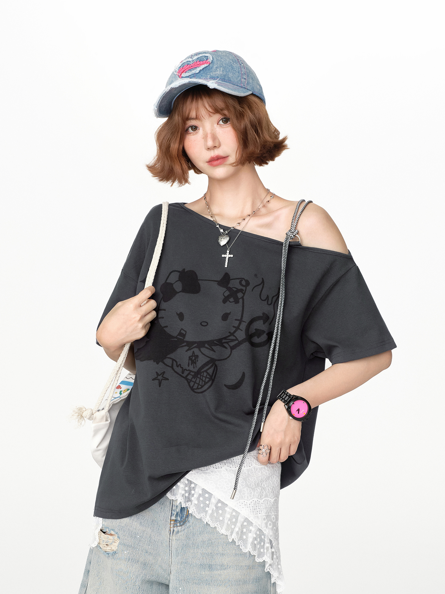 American Retro Off-Shoulder Short Sleeve T-Shirt for Women, Summer Tie Design, Loose Slimming Top, Girly Y2K Fashion Style American Retro Off-Shoulder Short Sleeve T-Shirt for Women, Summer Tie Design, Loose Slimming Top, Girly Y2K Fashion Style
