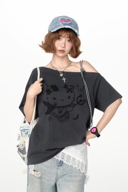 American Retro Off-Shoulder Short Sleeve T-Shirt for Women, Summer Tie Design, Loose Slimming Top, Girly Y2K Fashion Style