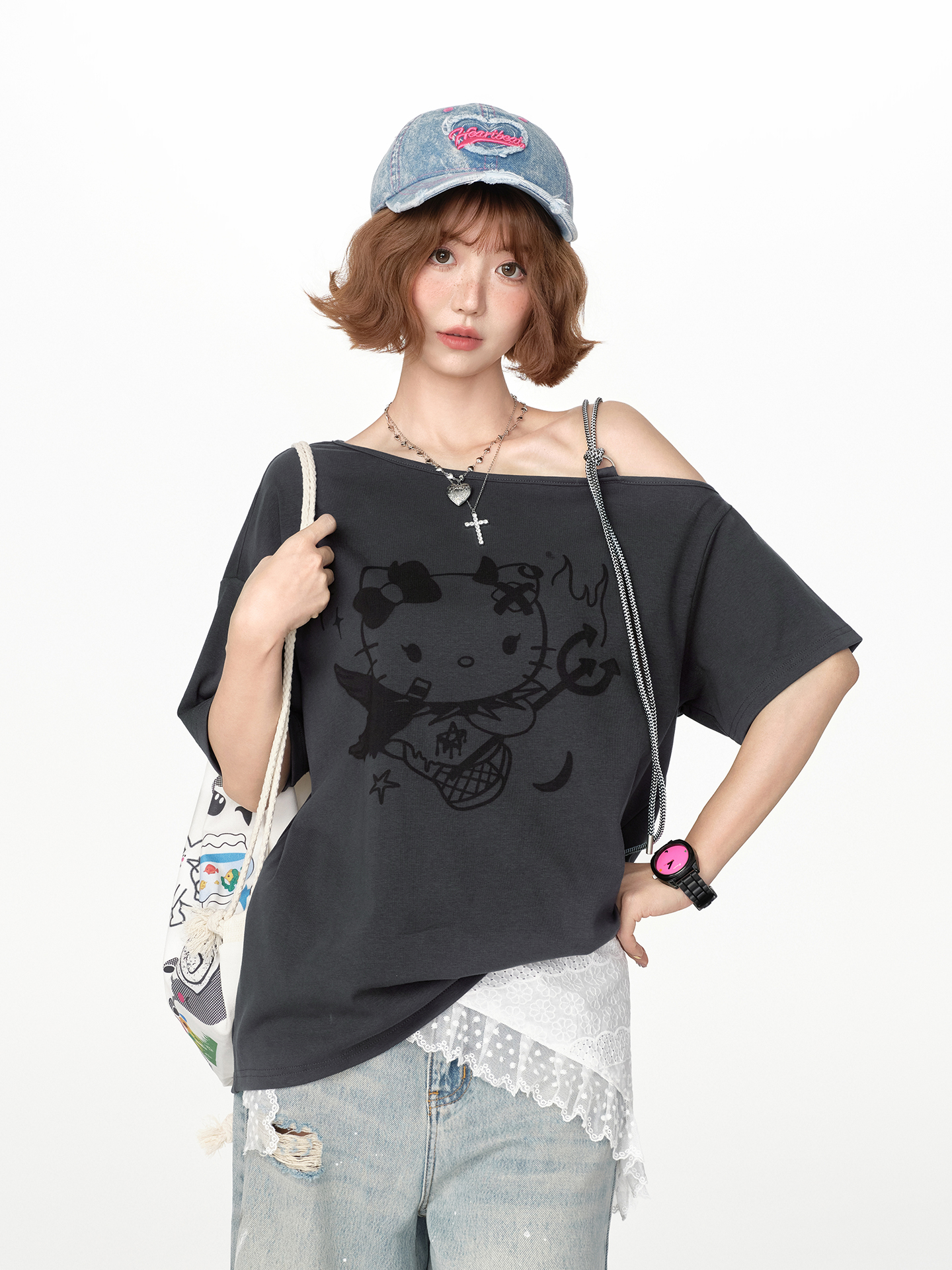 American Retro Off-Shoulder Short Sleeve T-Shirt for Women, Summer Tie Design, Loose Slimming Top, Girly Y2K Fashion Style American Retro Off-Shoulder Short Sleeve T-Shirt for Women, Summer Tie Design, Loose Slimming Top, Girly Y2K Fashion Style