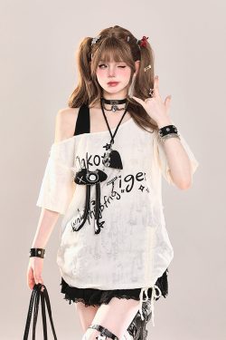 American Retro Off-Shoulder Slanted Short-Sleeve T-Shirt for Women - Summer 2025 Sweet & Spicy Girl Cover-Up Top