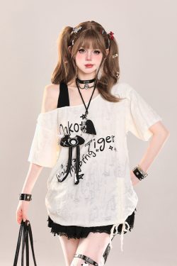 American Retro Off-Shoulder Slanted Short-Sleeve T-Shirt for Women - Summer 2025 Sweet & Spicy Girl Cover-Up Top