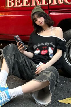 American Retro Off-Shoulder T-Shirt for Women, Summer Hello Kitty Printed Loose Color-Blocking Short Sleeve Top