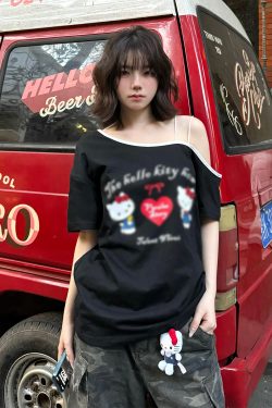 American Retro Off-Shoulder T-Shirt for Women, Summer Hello Kitty Printed Loose Color-Blocking Short Sleeve Top