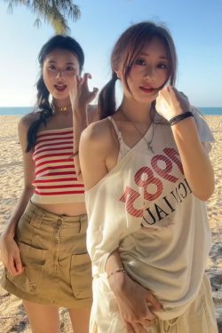 American Retro Off-Shoulder T-Shirt for Women, Summer Letter Print, Oversized Loose Short Sleeve, Trendy Y2K Shoulder-Baring Top