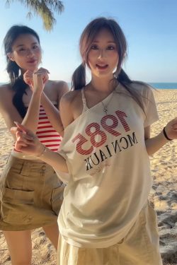 American Retro Off-Shoulder T-Shirt for Women, Summer Letter Print, Oversized Loose Short Sleeve, Trendy Y2K Shoulder-Baring Top