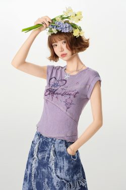 American Retro Patchwork Short Sleeve T-Shirt for Women, Irregular Waist-Cinching Slim Fit Top, Summer Fashion