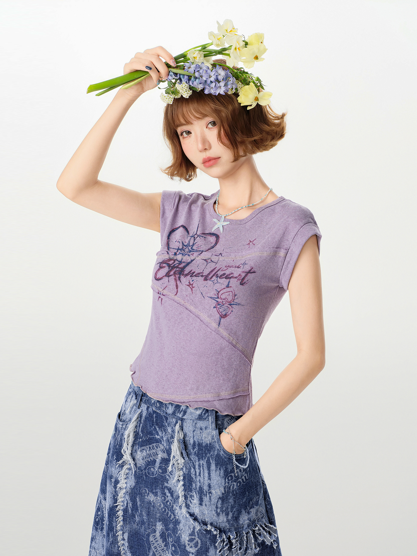 American Retro Patchwork Short Sleeve T-Shirt for Women, Irregular Waist-Cinching Slim Fit Top, Summer Fashion American Retro Patchwork Short Sleeve T-Shirt for Women, Irregular Waist-Cinching Slim Fit Top, Summer Fashion