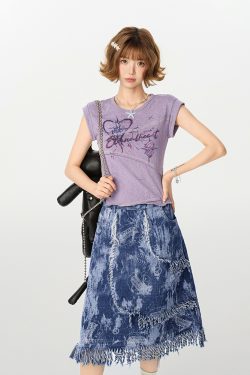 American Retro Patchwork Short Sleeve T-Shirt for Women, Irregular Waist-Cinching Slim Fit Top, Summer Fashion