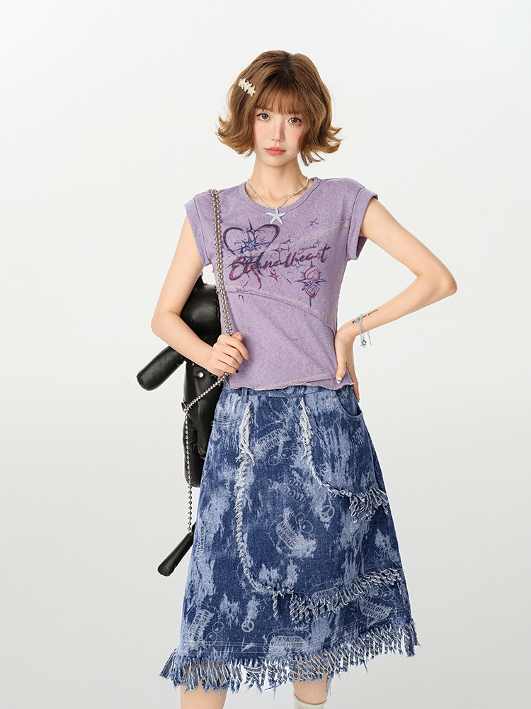 American Retro Patchwork Short Sleeve T-Shirt for Women, Irregular Waist-Cinching Slim Fit Top, Summer Fashion American Retro Patchwork Short Sleeve T-Shirt for Women, Irregular Waist-Cinching Slim Fit Top, Summer Fashion