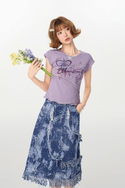 American Retro Patchwork Short Sleeve T-Shirt for Women, Irregular Waist-Cinching Slim Fit Top, Summer Fashion