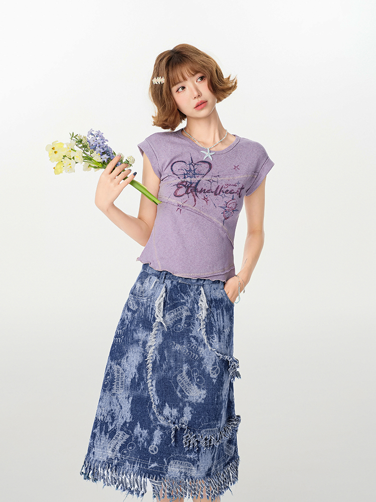 American Retro Patchwork Short Sleeve T-Shirt for Women, Irregular Waist-Cinching Slim Fit Top, Summer Fashion American Retro Patchwork Short Sleeve T-Shirt for Women, Irregular Waist-Cinching Slim Fit Top, Summer Fashion