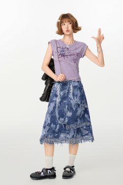 American Retro Patchwork Short Sleeve T-Shirt for Women, Irregular Waist-Cinching Slim Fit Top, Summer Fashion