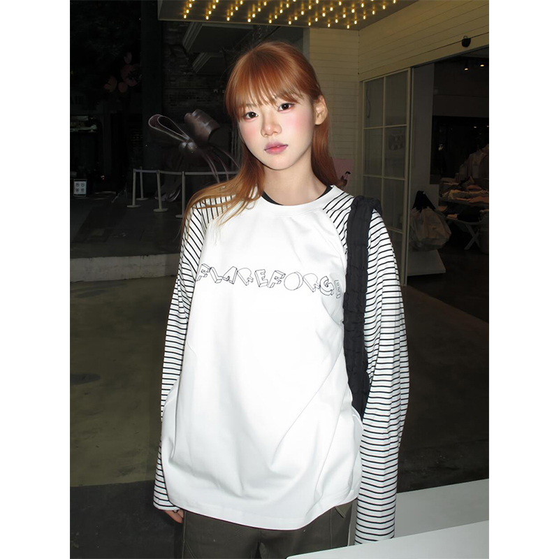 American Retro Patchwork Striped Raglan Long Sleeve T-Shirt for Women - Loose College Style Top, Trendy Early Spring Layer American Retro Patchwork Striped Raglan Long Sleeve T-Shirt for Women - Loose College Style Top, Trendy Early Spring Layer