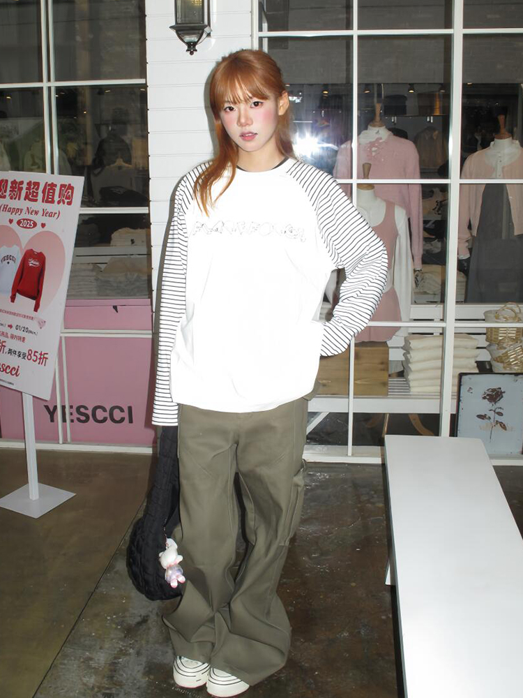 American Retro Patchwork Striped Raglan Long Sleeve T-Shirt for Women - Loose College Style Top, Trendy Early Spring Layer American Retro Patchwork Striped Raglan Long Sleeve T-Shirt for Women - Loose College Style Top, Trendy Early Spring Layer