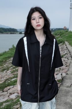 American Retro Patchwork Zip Short Sleeve Shirt for Women - Summer Loose Fit Casual Top, Y2K Street Style Fashion