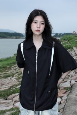 American Retro Patchwork Zip Short Sleeve Shirt for Women - Summer Loose Fit Casual Top, Y2K Street Style Fashion