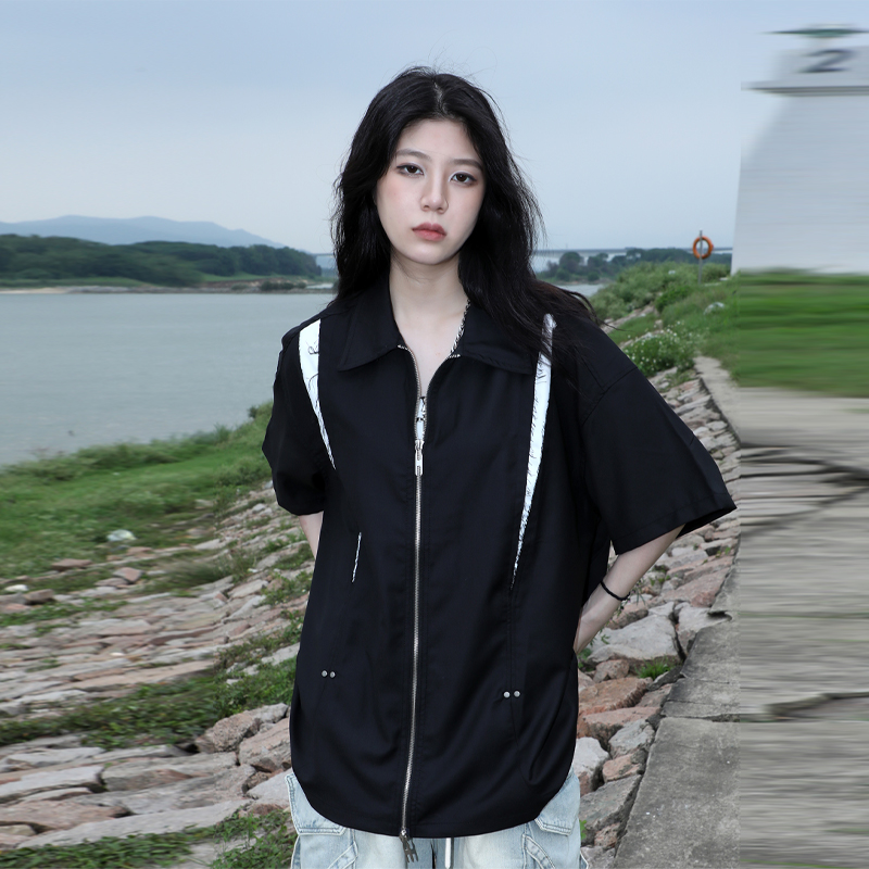 American Retro Patchwork Zip Short Sleeve Shirt for Women - Summer Loose Fit Casual Top, Y2K Street Style Fashion American Retro Patchwork Zip Short Sleeve Shirt for Women - Summer Loose Fit Casual Top, Y2K Street Style Fashion